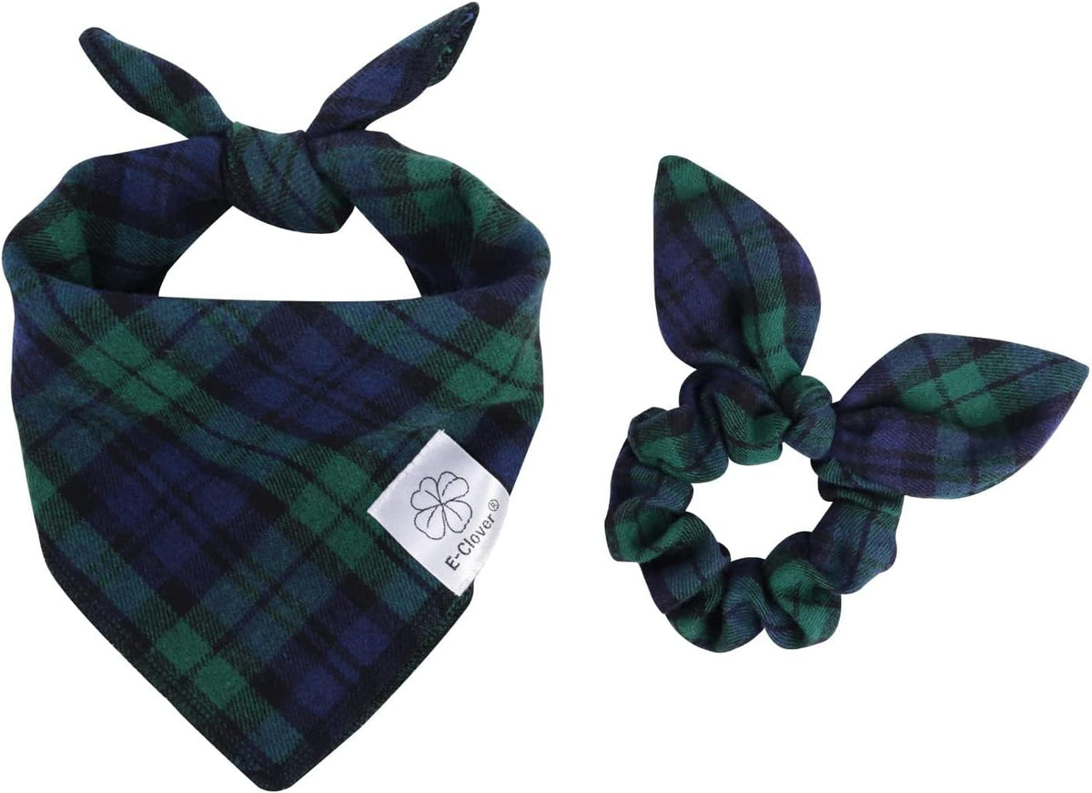 E-Clover Dog Bandanas Boy & Matching Scrunchie Set Plaid Scarf Kerchief for Small Dog Puppy Bandana