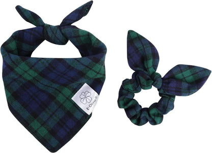 E-Clover Dog Bandanas Boy & Matching Scrunchie Set Plaid Scarf Kerchief for Small Dog Puppy Bandana