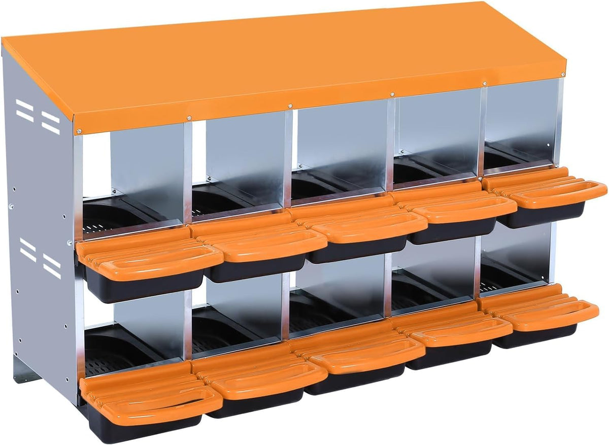 Chicken Nesting Boxes, 10 Hole Metal Chicken Laying Box with with Removable Trays and Roll Out Egg