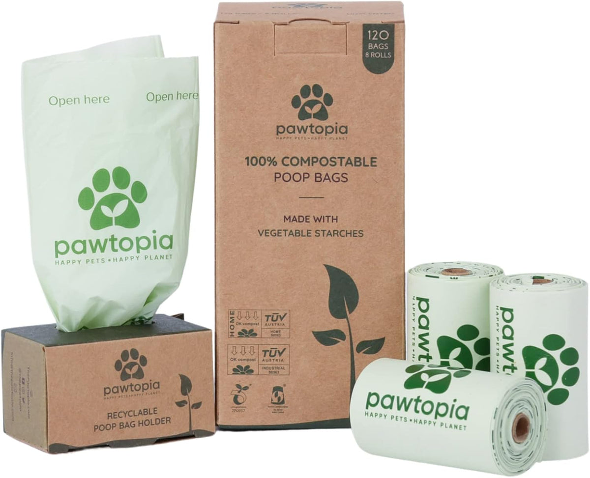 Pawtria Certified Home Compostable Dog Poop Bags (120) + Paper Dispenser, Biodegradable Poop Bags