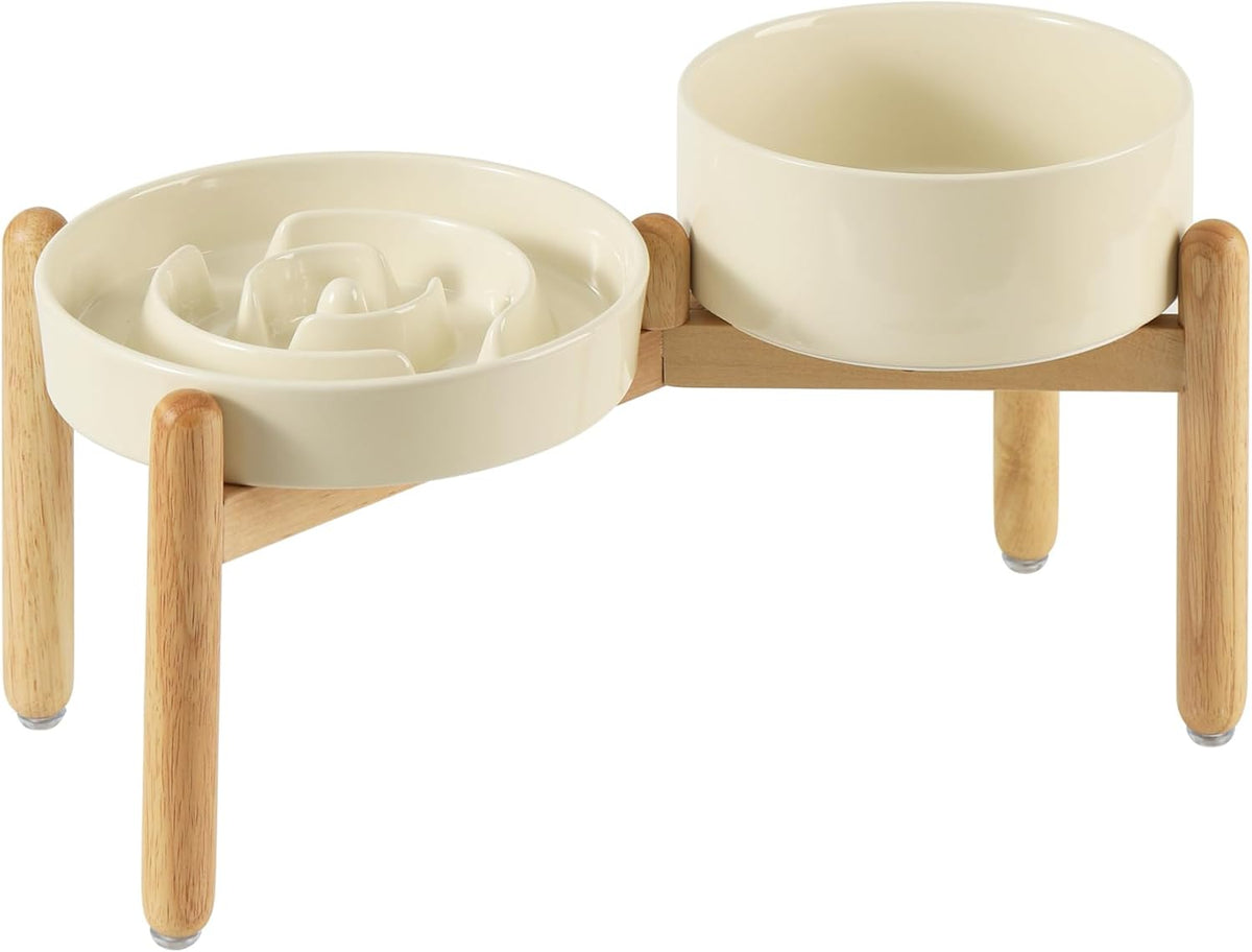 Ceramic Raised Slow Feeder Dog Bowl Set, Elevated 7.3inch Bowl and 8.2inch Puzzle Slow Dish with