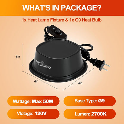 REPTI ZOO G9 Reptile Heat Lamp Bulb & Reptile Light Fixture with Safety Mesh Kit, 50W UVA Basking