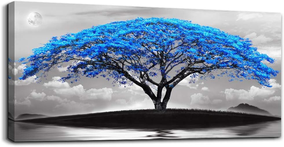 canvas wall art for living room bathroom Wall Decor Black and white landscape Blue tree moon