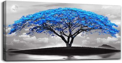 canvas wall art for living room bathroom Wall Decor Black and white landscape Blue tree moon