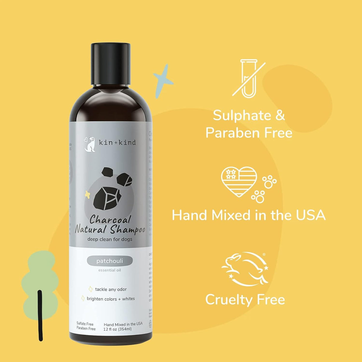 kin+kind Dog Shampoo - Deep Clean, Dirt & Odor Remover w/Activated Charcoal for Dogs, Gentle