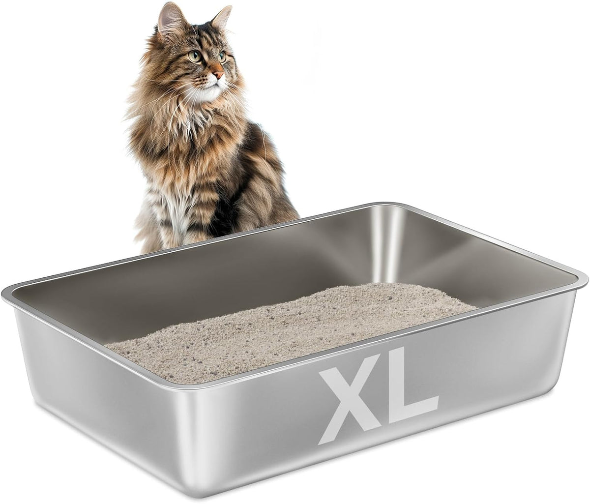 Stainless Steel Litter Box -6in High Sided,XL Metal Cat Litter Box for Big Cats Easy to Clean, Cat