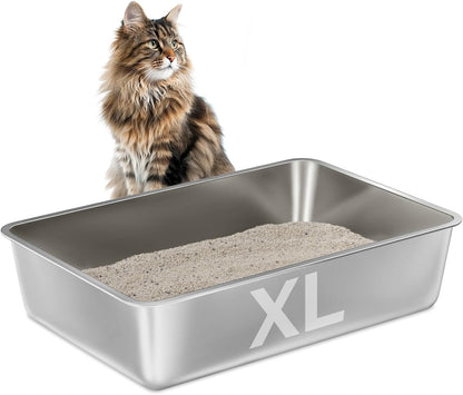 Stainless Steel Litter Box -6in High Sided,XL Metal Cat Litter Box for Big Cats Easy to Clean, Cat
