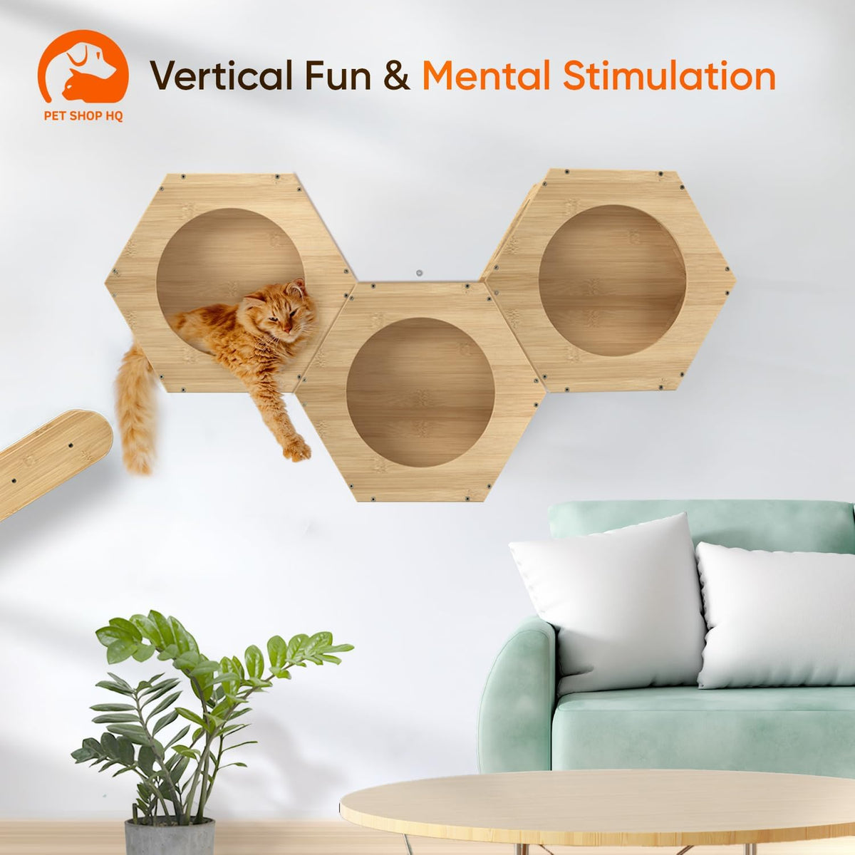 Cat Wall Furniture - Climbing Shelves, Ladders, Hammock & More - Bamboo Material - Light Brown