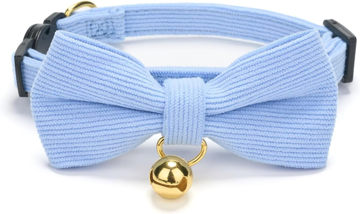 2 Pack Soft Corduroy Cat Collars with Bow Tie & Bell, Adjustable Breakaway Cotton Kitty Bowtie