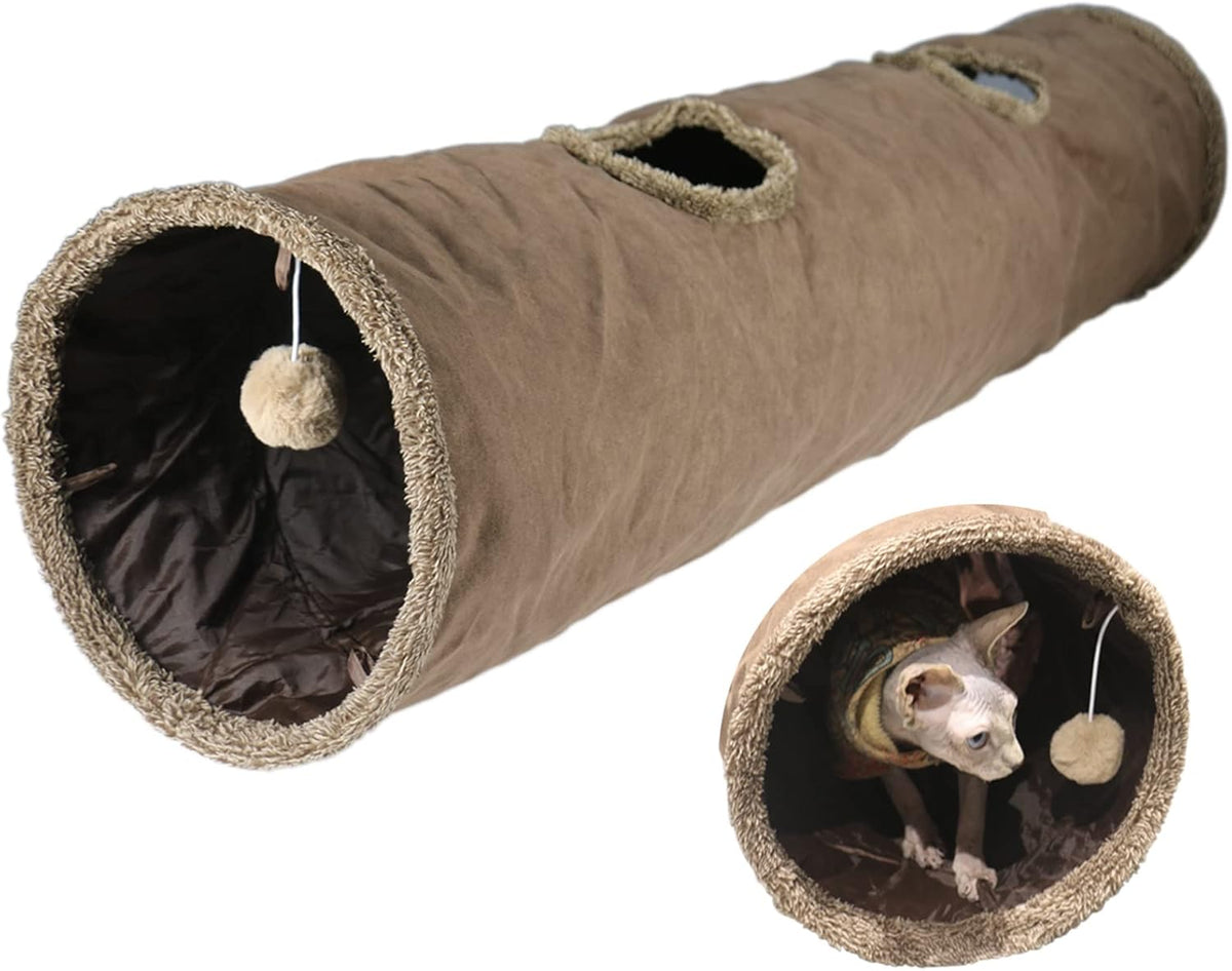 Cat Tunnel for Indoor Cats, 51×12 inch Foldable Big Cat Tunnel, Brown Suede Pet Tunnels with Two