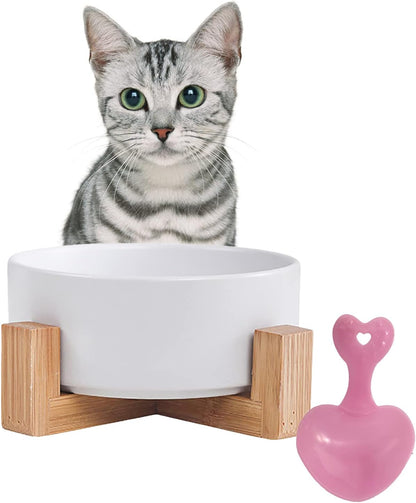 Ceramic Dog Cat Bowl with Wood Stand,Cat Food & Water Bowls Elevated Non-Spill Modern Cute Kitty