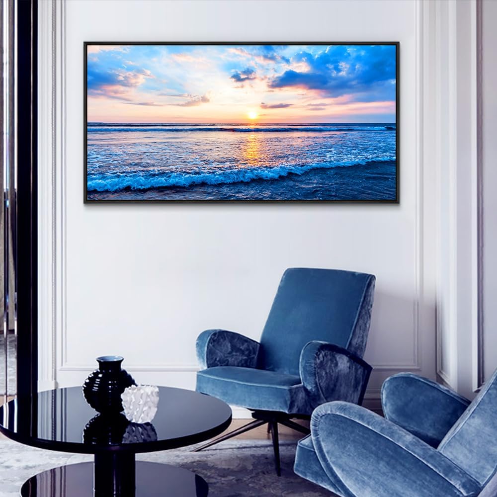 Wapluam Bedroom Decor: Blue Beach Sea Waves Landscape Canvas Print, Large Wall Art, Ready To Hang