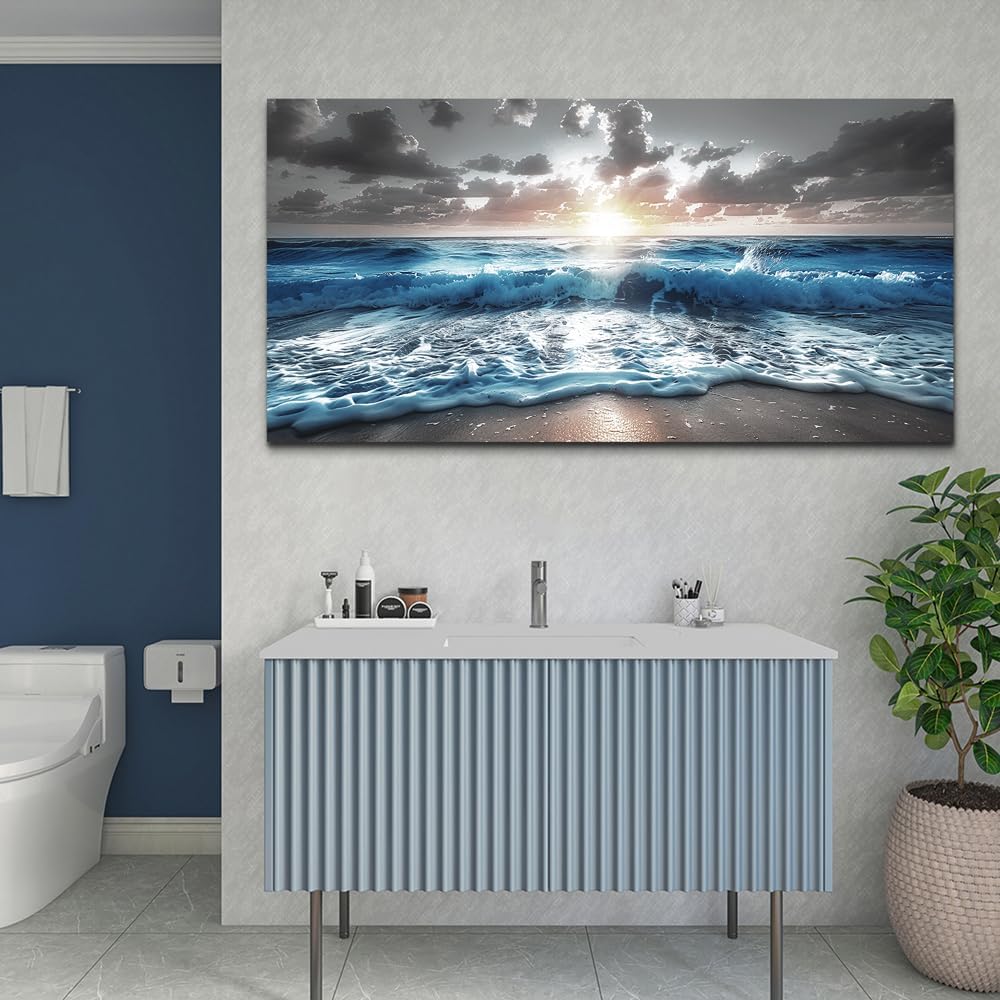 hyidecorart Large Wall Art For Living Room Modern Wall Decor For Office Blue Beach Painting Sea