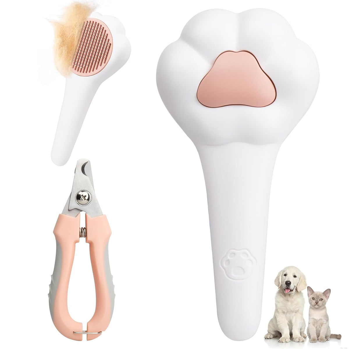 Self-Cleaning Cat Brush with Cat Nail Clipper 2-Pieces Set, Daily Cleaning Grooming Kit for Small