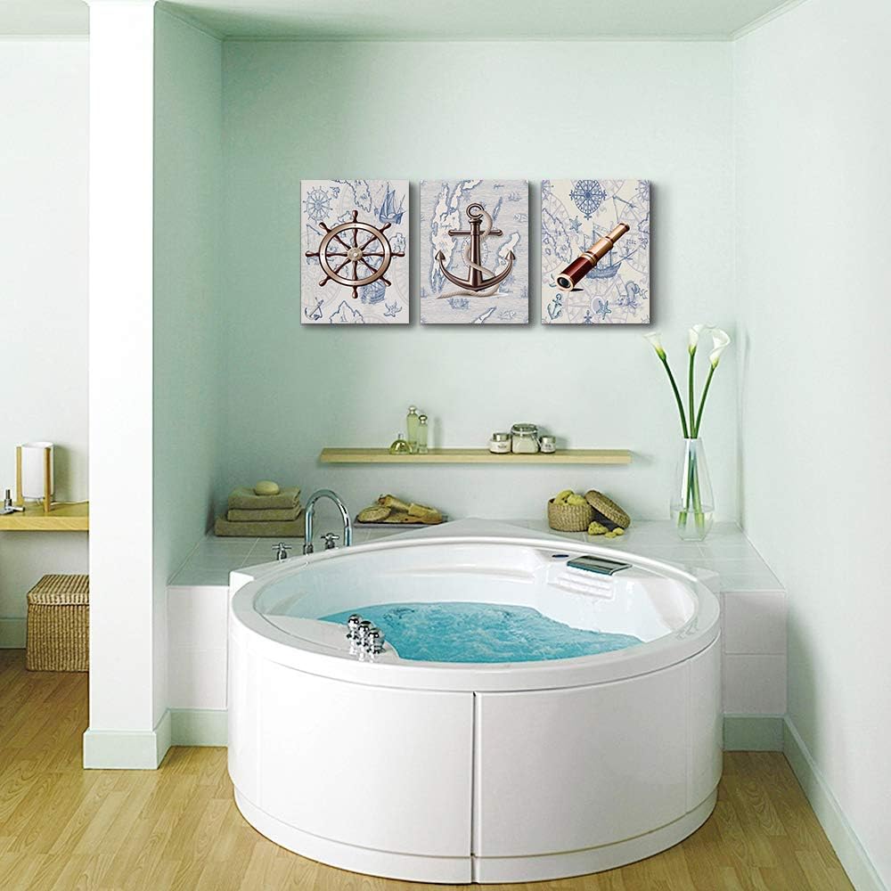 ocean theme steering wheel telescope ship pendant Canvas Prints bathroom Wall Art for Bedroom Wall