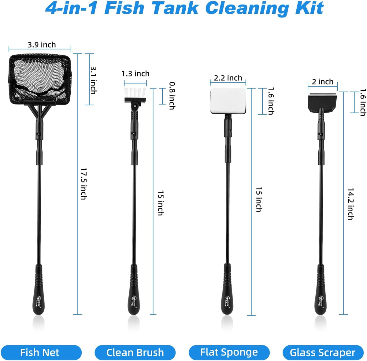 hygger Small Fish Tank Cleaner, Aquarium Cleaning Tools Kit with Handle, Seaweed Scraper, Fishing