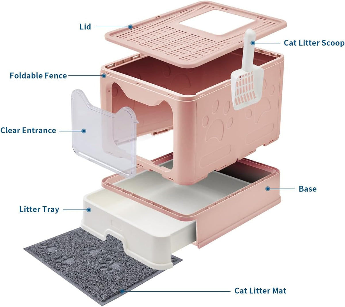 Cat Litter Box with Litter Mat and Scoop, Large Foldable Litter Box with Lid, Front Entry Top Exit