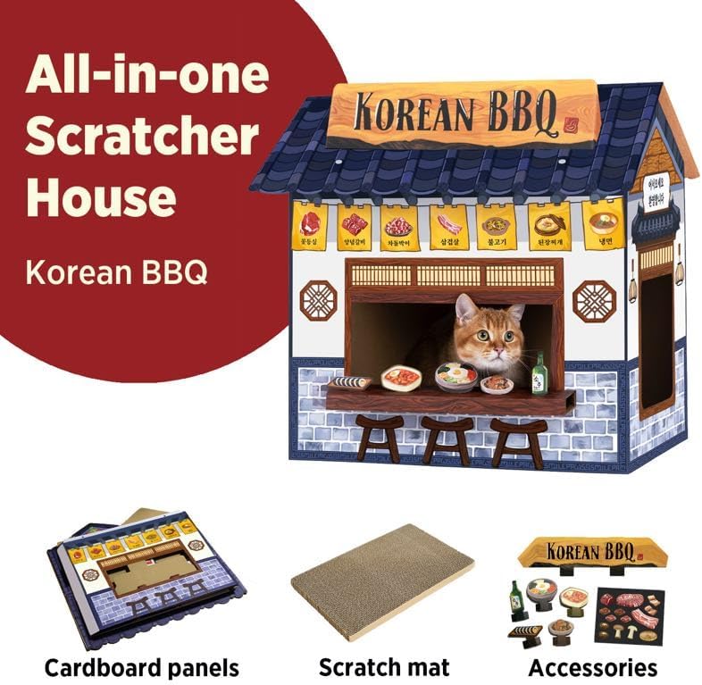 Cat Beds for Indoor Cats, Cardboard Cat House with Scratchers, Korean BBQ, Large Sturdy Cat