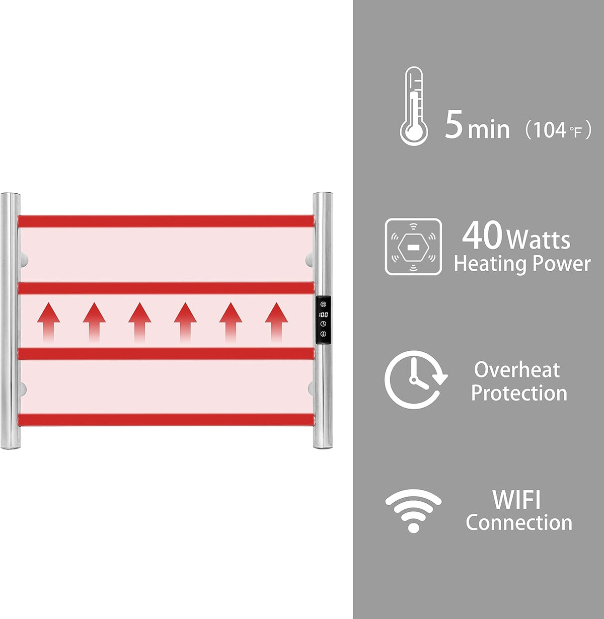 KEG Smart WiFi Towel Warmer Wall Mounted with Built-in Timer and Temperature Adjust Control, 4 Bars