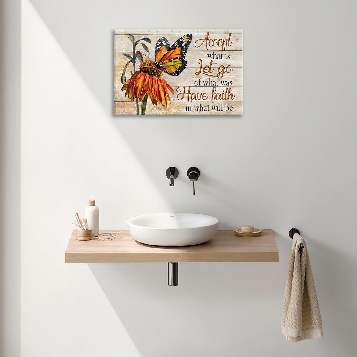 Farmhouse Butterfly Bathroom Pictures Wall Art, Rustic Floral Country Bathroom Wall Decor, Daisy