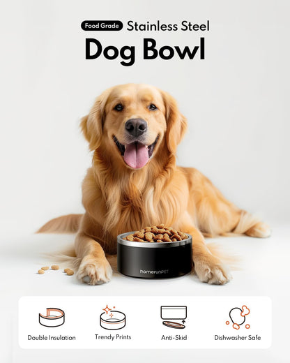 Homerunpet Double Wall Stainless Steel Dog Bowls, Non-Slip Base, Dishwasher Safe, Durable Pet Food