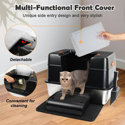 Vivifying Stainless Steel Litter Box, XL Side Entry Extra Large Litter Box with Lid for Big Cats &