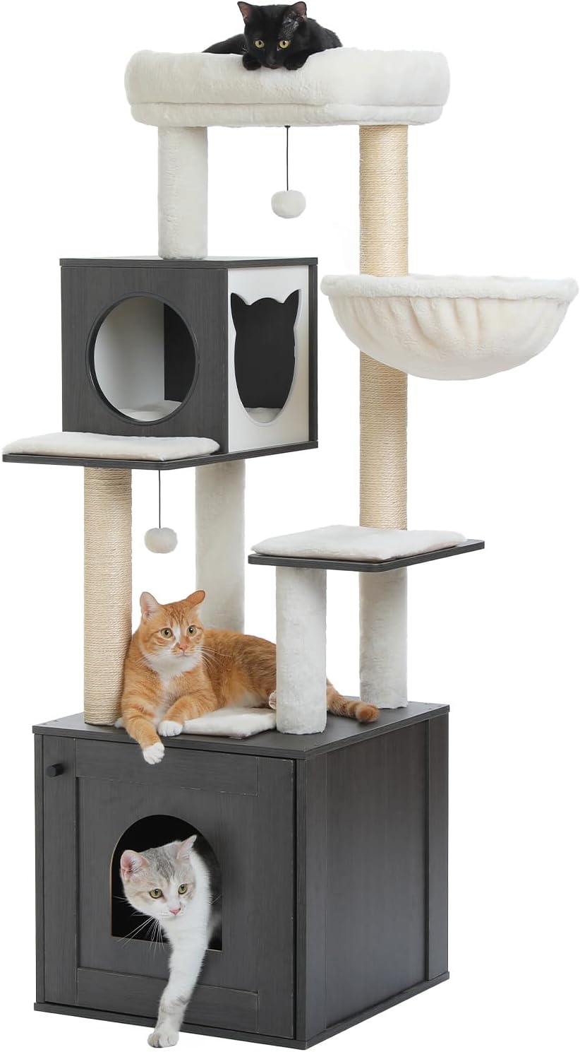 Tall Cat Tree with Litter Box Enclosure 57.5" Wooden Cat Tower for Large Cats with Cat Hammock