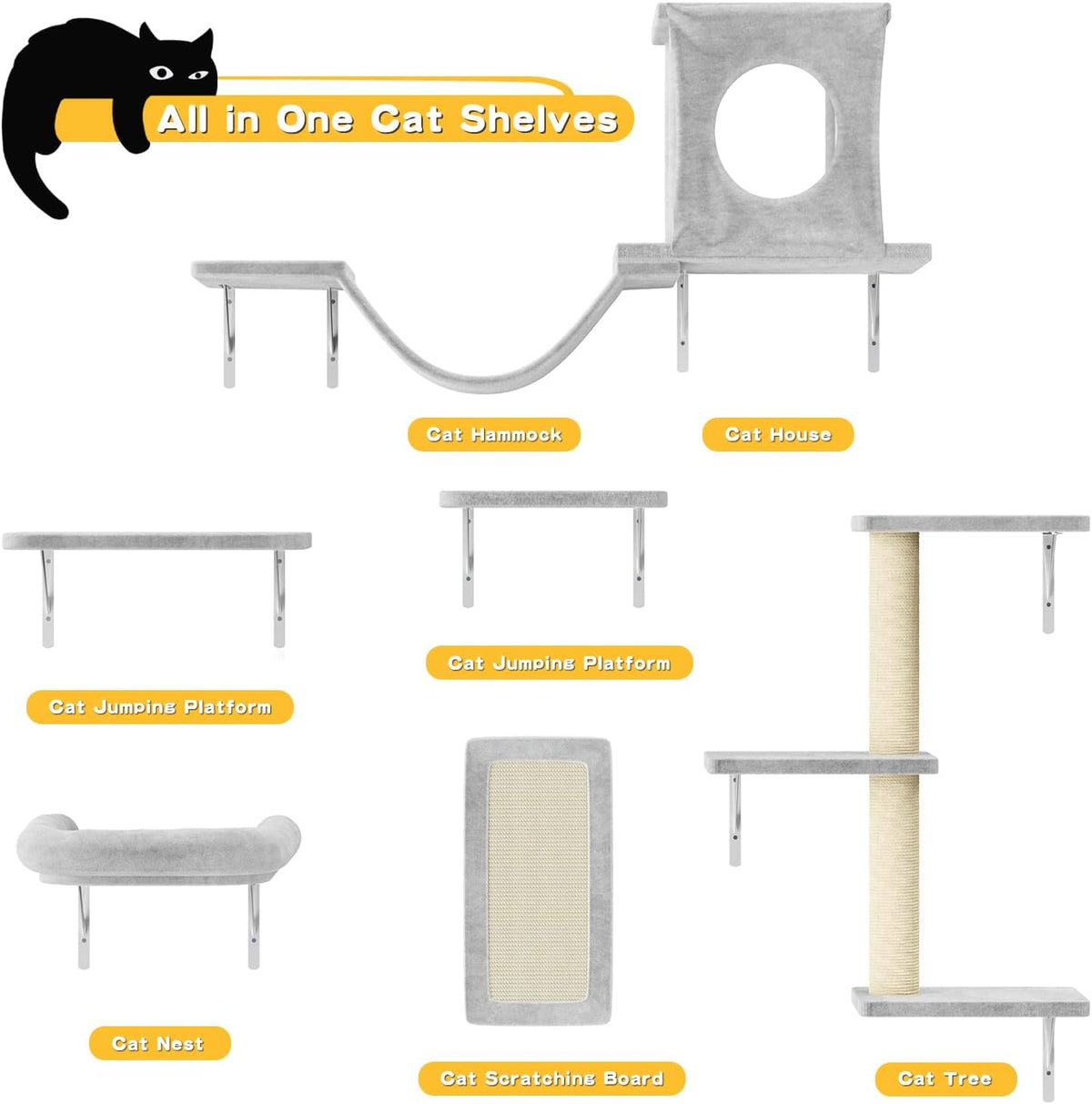 NUNU LAB Wall Mounted Cat Furniture, 6 Pcs Cat Wall Shelves with Condo House, Bridge, Steps