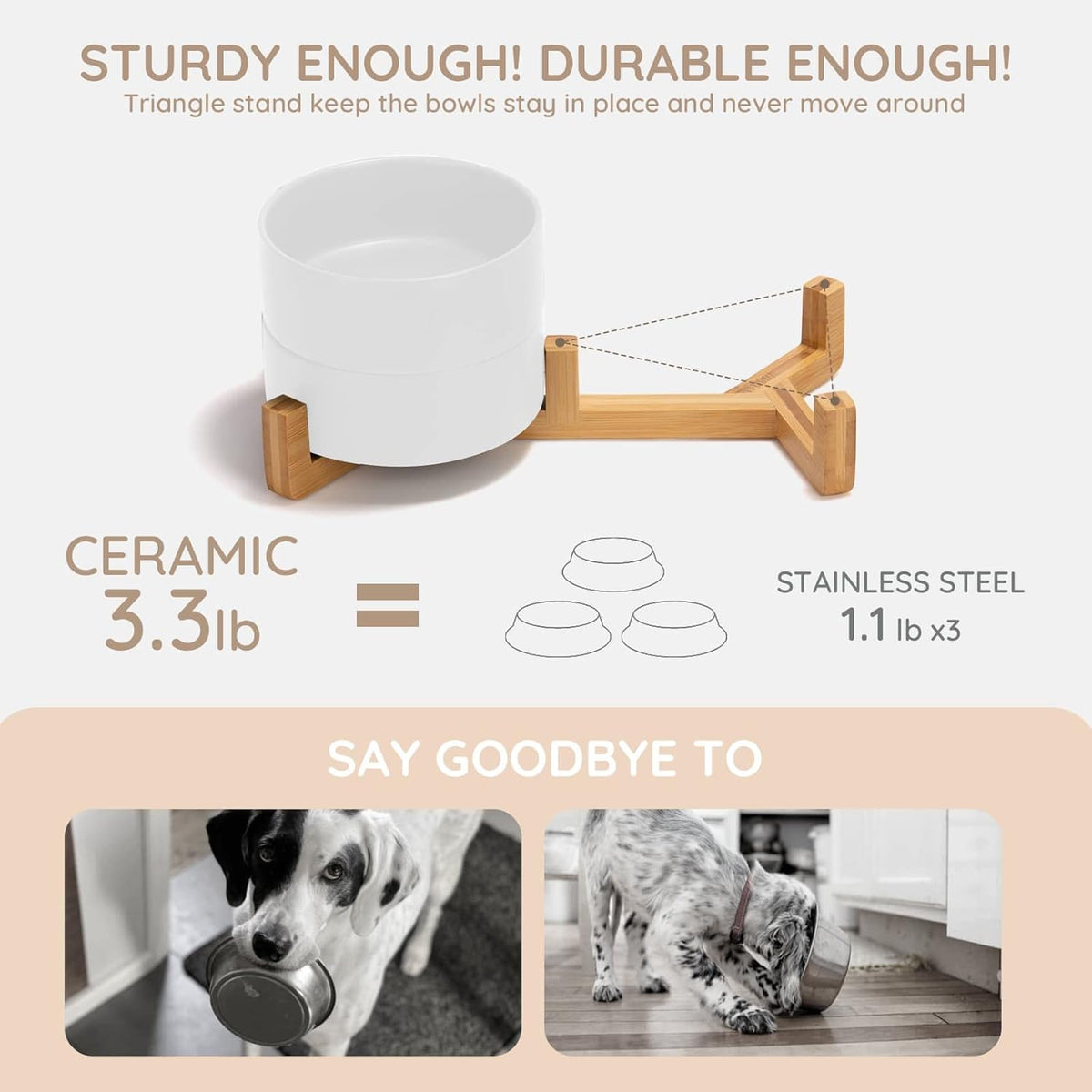 SPUNKYJUNKY Ceramic Dog and Cat Bowl with Wood Stand Non-Slip Matte Glaze Weighted Food Water Set