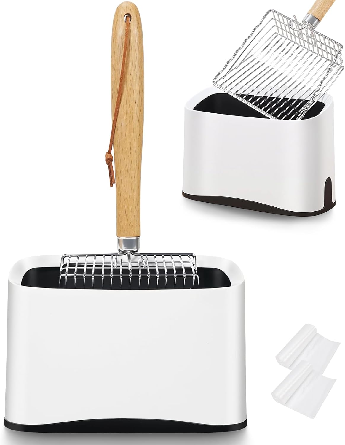 Metal Cat Litter Scoop with Holder, Poop Scooper with Stand and 2 Rolls of Garbage Bags, Heavy Duty