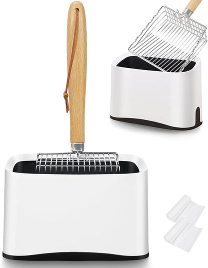 Metal Cat Litter Scoop with Holder, Poop Scooper with Stand and 2 Rolls of Garbage Bags, Heavy Duty