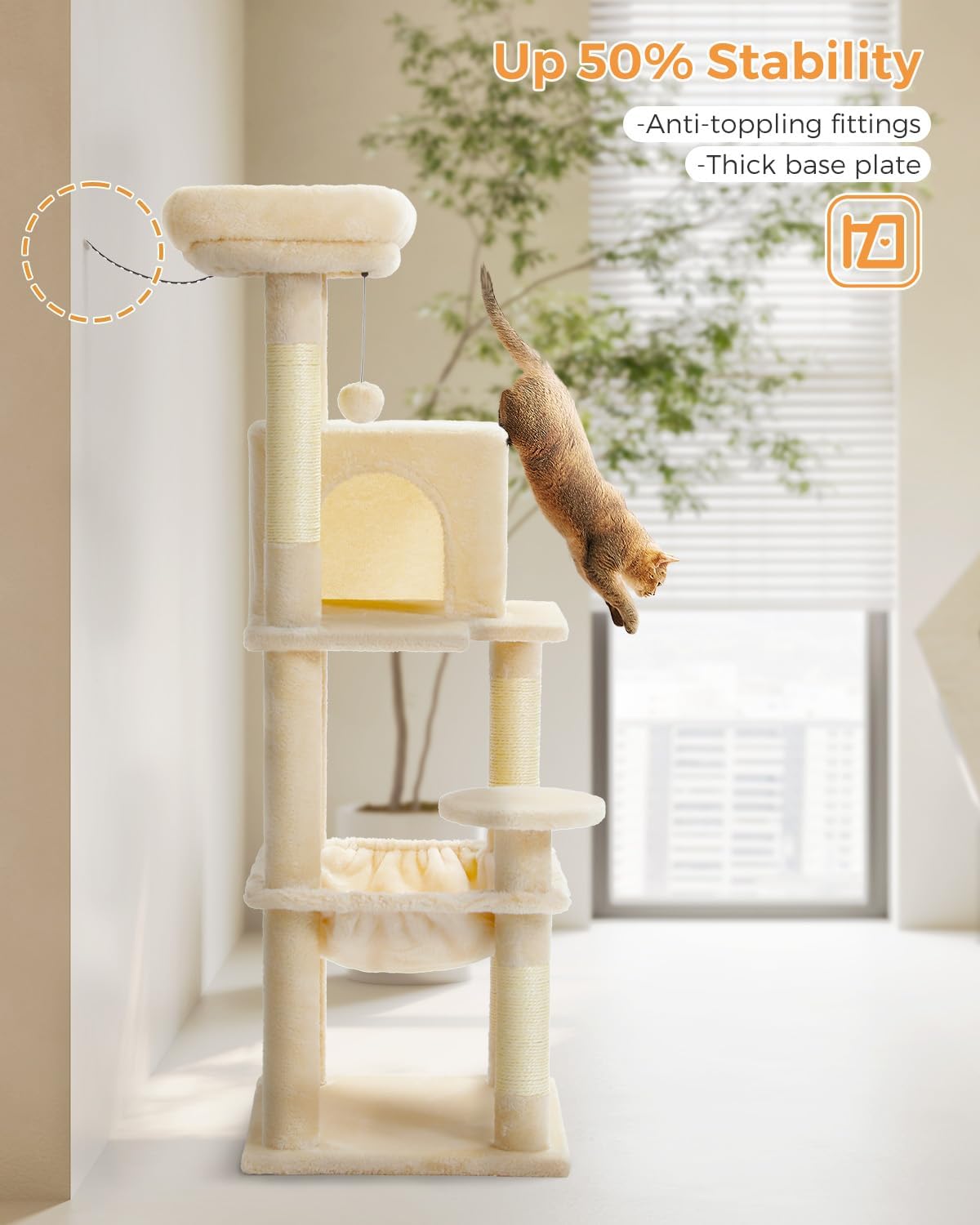 Cat Tree for Large Cats Adult with Metal Plush Big Hammock, 56.3" Cat Tower with 2 Door Condo