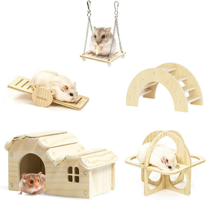 Hamster Toys 5-Piece Set,Hamster House, Swing, Climbing Ladder, Seesaw & Exercise Wheel,Pet DIY