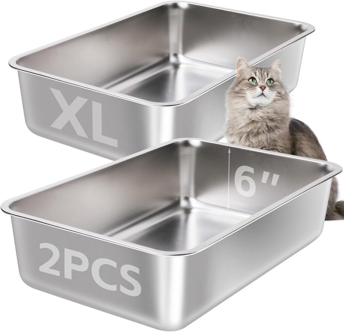 Stainless Steel Litter Box 2 Pack-XLarge Metal Litter Box-High Sided Cat LitterBox for Adult Big