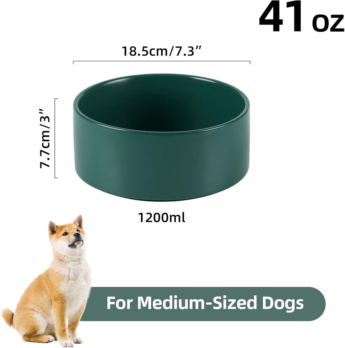 Ceramic Dog Bowl, Food and Water Bowl for Medium Breed Dog, Pet Bowl for Replacement (7.3 inch