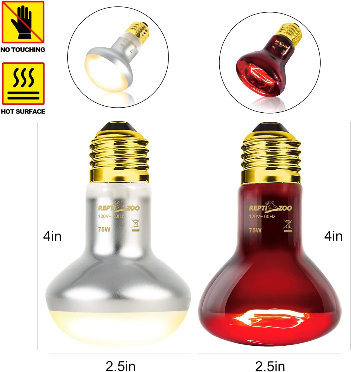 REPTIZOO 75W Reptile Heat Lamp Bulb, 2PCS Day & Night Basking Spot Light Combo Pack Includes