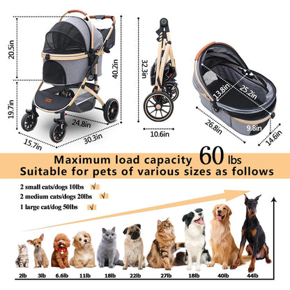 Pettingzoo Dog stroller with 4 Wheels, Folding Cat Stroller for Small/Medium/Large dogs & cats to