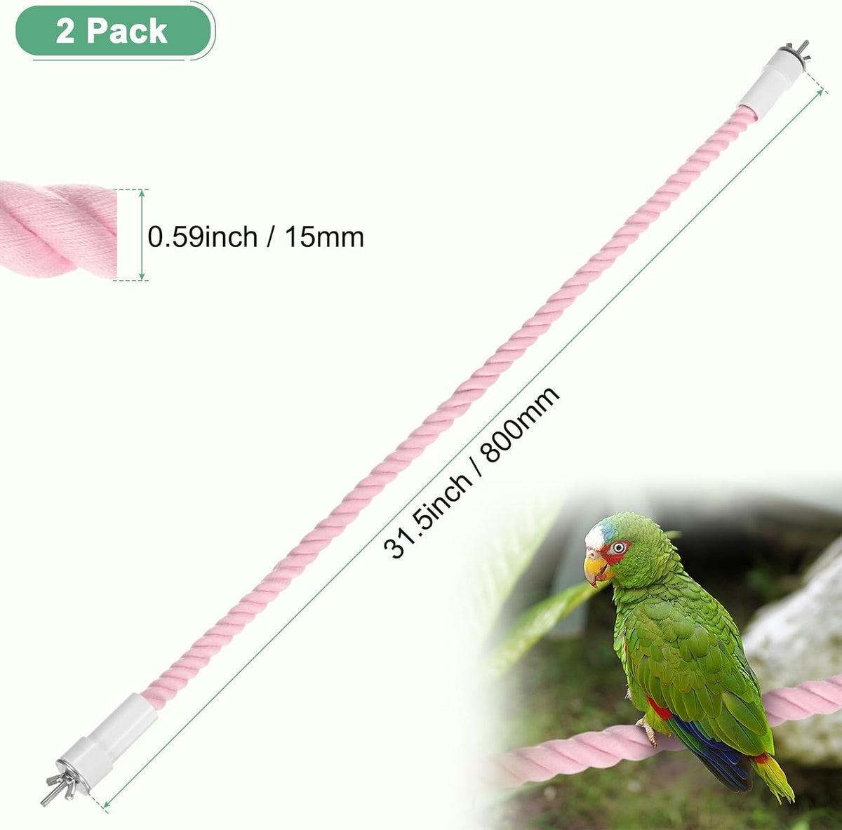 2-Pack Rope Perches for Bird Cages, 31.5 in Length Comfort Grip Flexible Rope Perch Beak & Paw