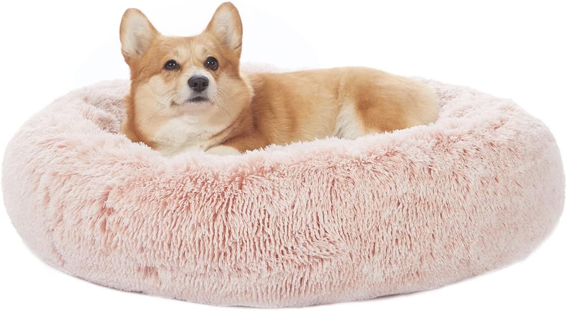 Bedfolks Calming Donut Dog Bed, 30 Inches Round Fluffy Dog Beds for Medium Dogs, Anti-Anxiety Plush