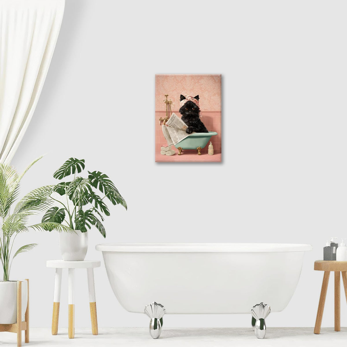 Cat Bathroom Wall Decor Black Cat Reading Newspaper in Bathtub Canvas Wall Art Funny Bathroom