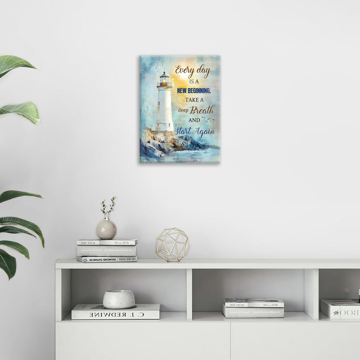 Ocean Lighthouse Pictures Wall Art, Coastal Nautical Bathroom Wall Decor Every Day is a New