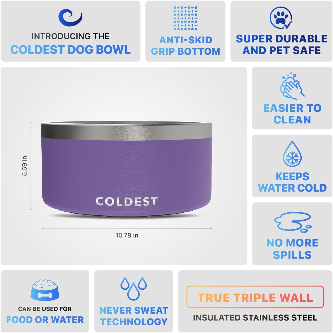 Coldest Dog Bowl - Anti Rust Metal, Non Slip, 3 Layers Insulated Stainless Steel Dog Bowls - Spill