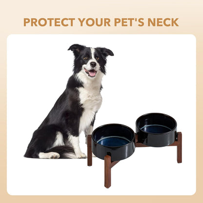 Ceramic 7.3inch Raised Double Dog Bowls Set with Acacia Wood Stand, Food & Water Bowls for Medium