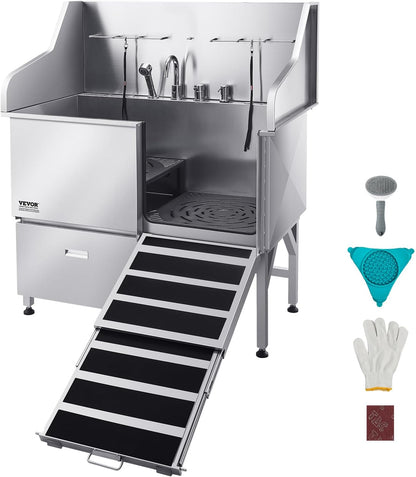 VEVOR Professional 304 Stainless Steel Dog Bathing Station, 50 inch Pet Grooming Tub w/Anti-Slip