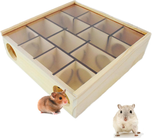 Wooden Hamster Maze with Transparent Acrylic Cover, Multi-Chamber Hamster Hideout House Hamster