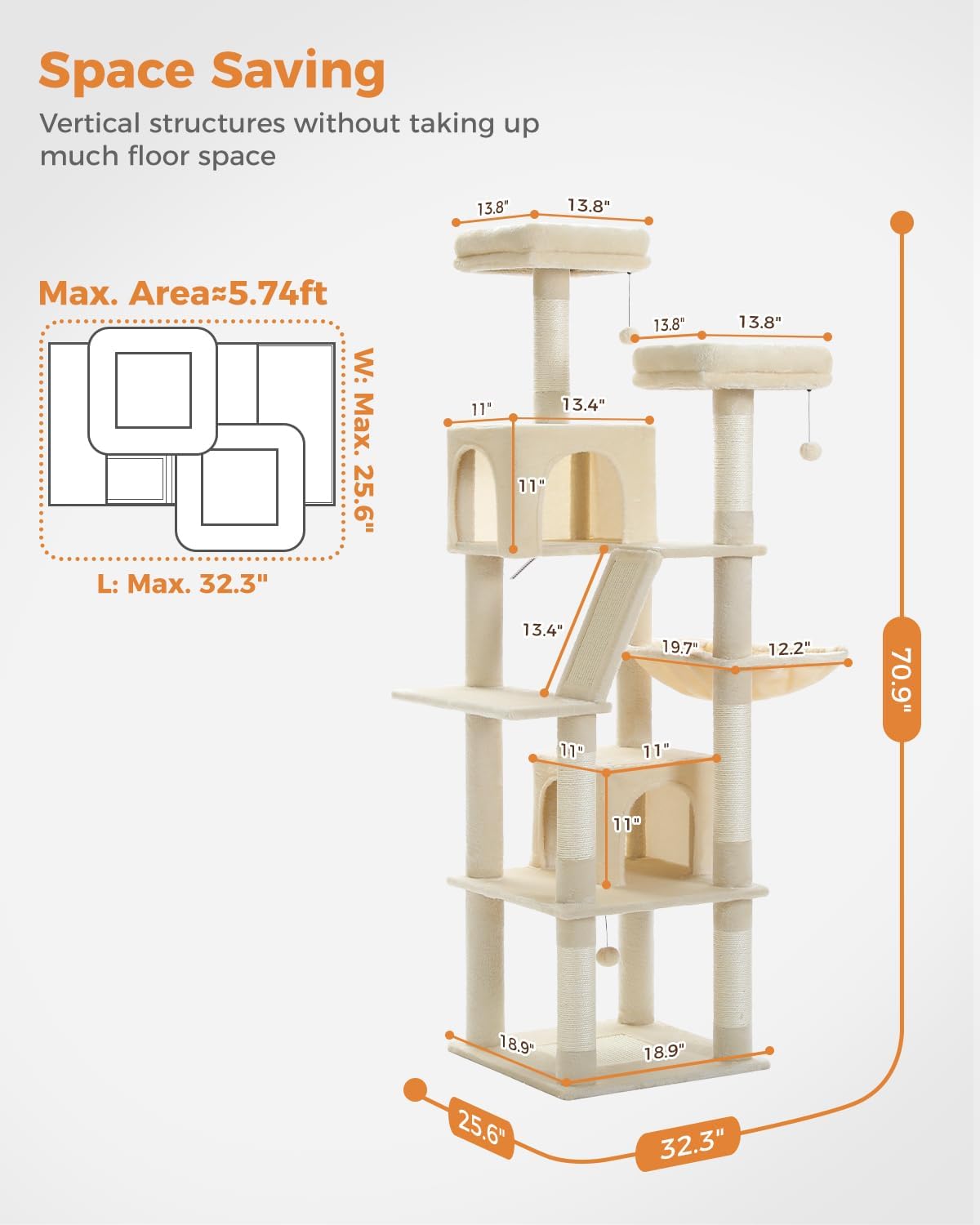 PAWZ Road 70 Inch Cat Tower, Tall Cat Tree with 2 Cozy Condos, 2 Plush Perch, Large Basket, 2