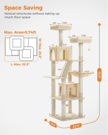 PAWZ Road 70 Inch Cat Tower, Tall Cat Tree with 2 Cozy Condos, 2 Plush Perch, Large Basket, 2