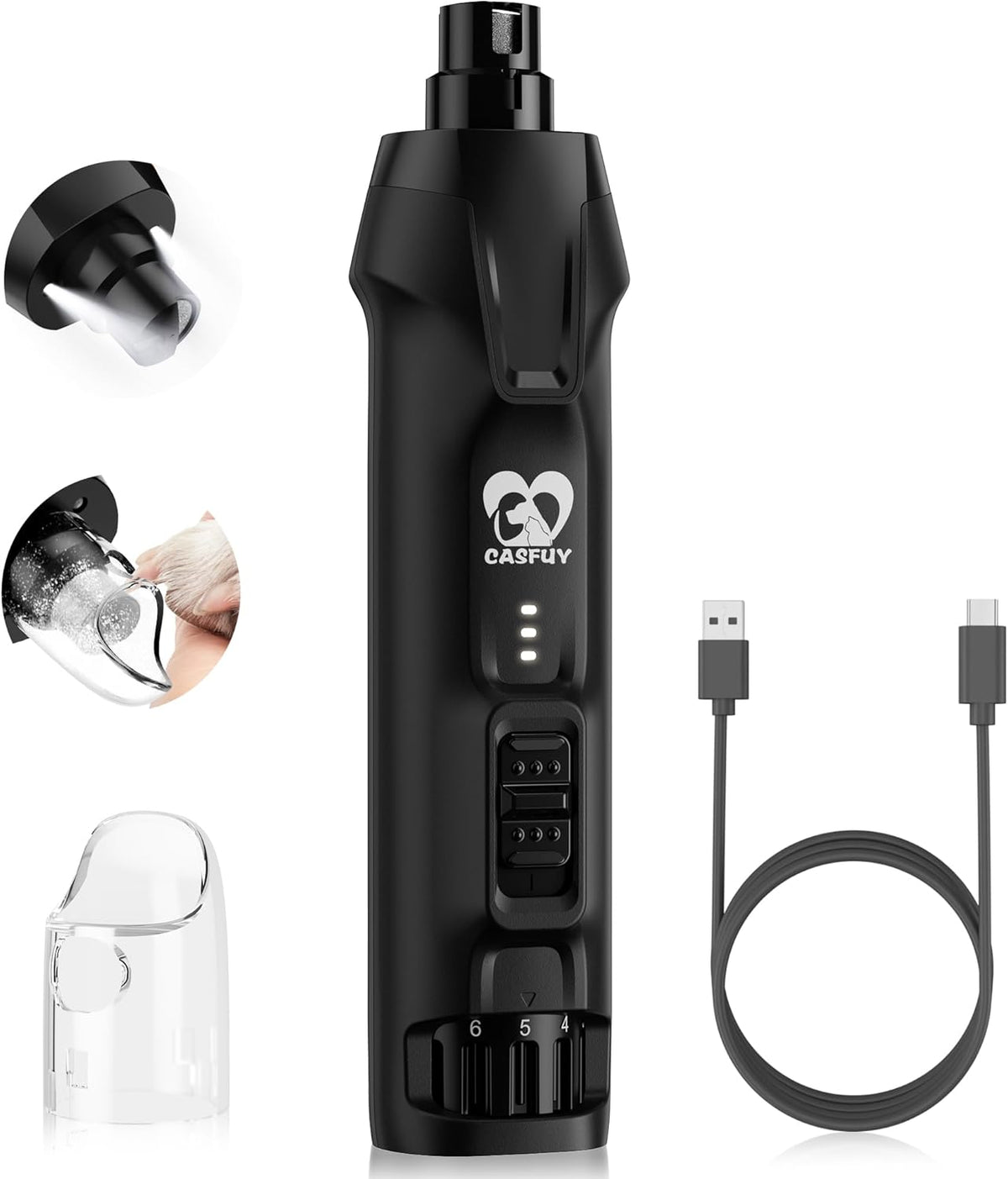Casfuy 6-Speed Dog Nail Grinder – 50%+ Boost Power Dog Nail Trimmers Quiet with Dust Cap & 2 LED