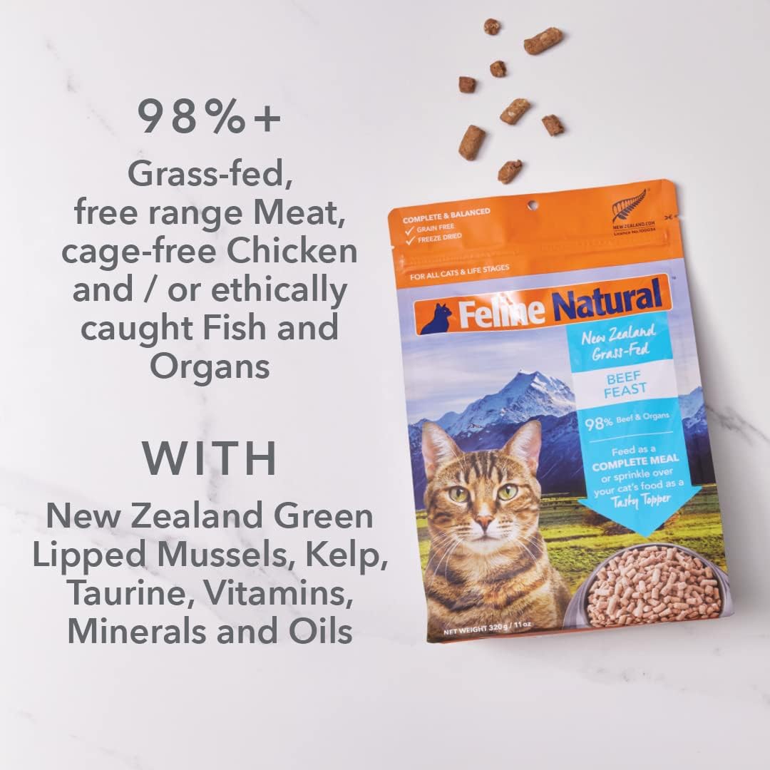 Feline Natural High Protein Dry Cat Food, Freeze-Dried Diet with 98% Meat, Organs & Seafood, No