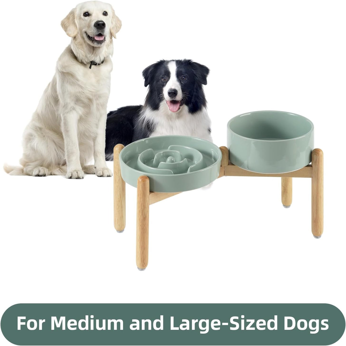 Ceramic Raised Slow Feeder Dog Bowl Set, Elevated 7.3inch Bowl and 8.2inch Puzzle Slow Dish with